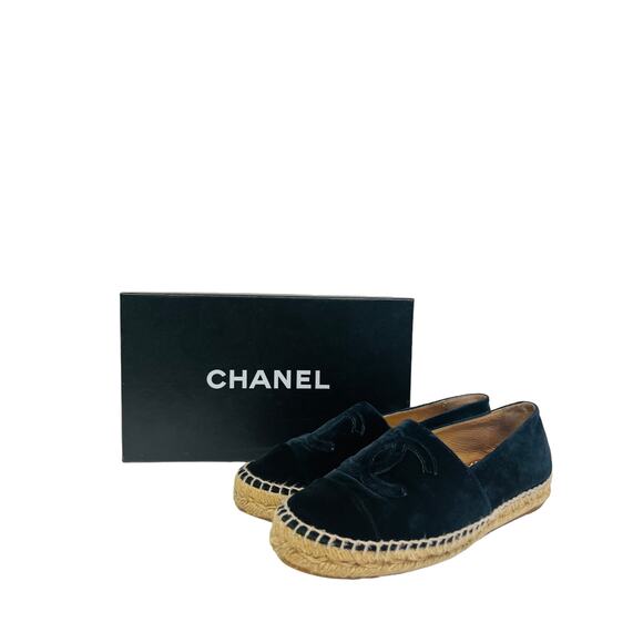 CHANEL Navy Blue Velvet CC Logo Cap Toe Espadrilles Monogram Flats Size 37 US 7 - Picture 2 of 9